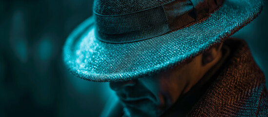 Suspicious looking unidentified man face closeup with fedora hat and a coat blue-toned at dusk - Illegal deal shady activities trafficker mafia hitman concept  - obrazy, fototapety, plakaty