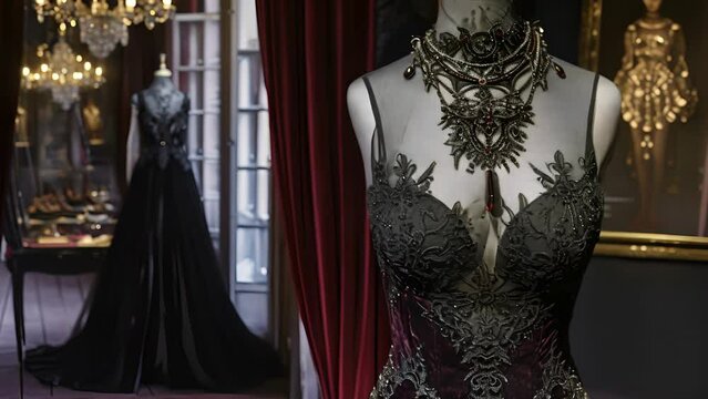 A gl and dark NeoGothic ensemble featuring a lace bodysuit velvet maxi skirt and jewelencrusted statement necklace. Ideal for a red carpet event at a Gothicinspired museum.