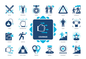 Fototapeta premium Courage icon set. Motivation, Ambition, Leadership, General, Battle, Death Treat, Challenge, Honor. Duotone color solid icons