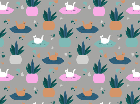 Seamless pattern with cats and house plants. the concept of hobby and home comfort. home textiles. Flat vector cartoon illustration.