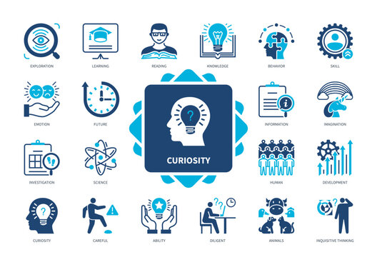 Curiosity icon set. Investigation, Exploration, Animals, Human, Diligent, Inquisitive Thinking, Solution, Careful. Duotone color solid icons