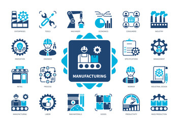 Manufacturing icon set. Enterprises, Machinery, Industry, Engineer, Productivity, Raw Materials, Mass Production, Worker. Duotone color solid icons