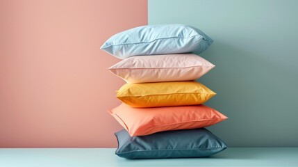 a stack of four pillows sitting on top of a blue and pink wall next to a pink and blue wall. - obrazy, fototapety, plakaty