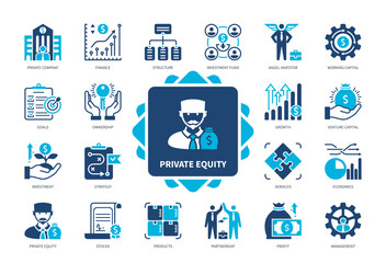 Private Equity icon set. Private Company, Angel Investor, Venture Capital, Stocks, Profit, Goal, Investment, Management. Duotone color solid icons