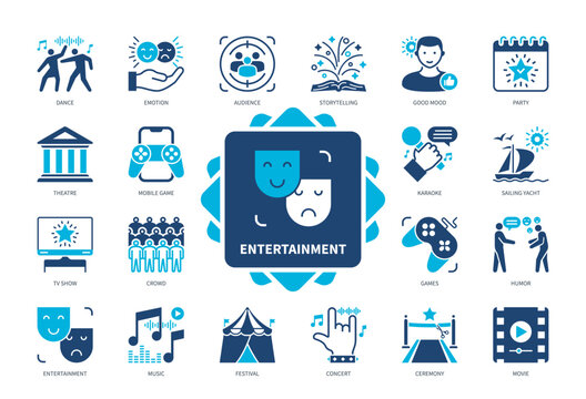 Entertainment icon set. Dance, Music, Storytelling, Karaoke, Theatre, Movie, Concert, Mobile Game. Duotone color solid icons