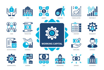 Working Capital icon set. Liabilities, Liquidity, Profitability, Bank Loans, Borrower, Cash, Assets, Inventory. Duotone color solid icons - obrazy, fototapety, plakaty