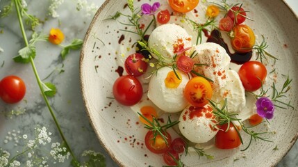 a white plate topped with mozzarella, cherry tomatoes, and sprigs of greenery next to flowers.