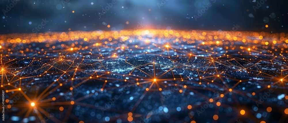 Poster A smart city concept with an abstract polygon pattern connecting to a speed line light, as well as the use of big data connection technology.