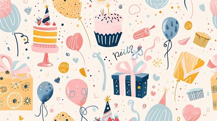 Fun hand drawn party seamless background with cakes, gift boxes, balloons and party decoration. Great for birthday parties, textiles, banners, wallpapers, wrapping. Generative Ai