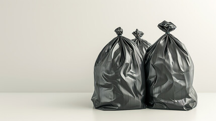 Trio of Sealed Trash Bags on Neutral Background - Waste management and clean environment concept