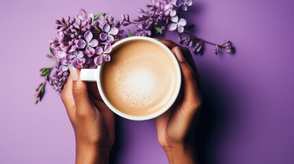 Close-up of a woman's hands with a cappuccino or cocoa mug. An atmospheric image of flowers and a hot drink. Comfort and coziness. Femininity and tenderness.