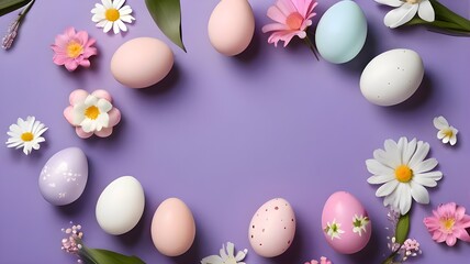 Pastel Easter Eggs Decorated With Polka Dots And Stripes On A Purple Backround With Copyspace.Generative AI