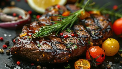 Delicious grilled beef with vegetables and lemon on table, closeup