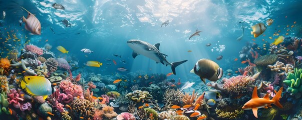 Shark and Tropical Fish Swimming Near Vibrant Coral Reefs - obrazy, fototapety, plakaty