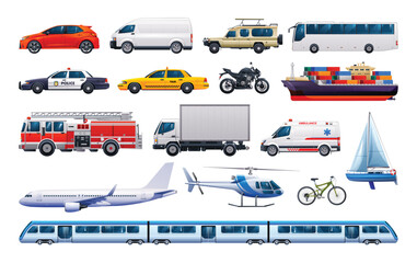 Set of transportation vehicles. Various kinds of vehicles. Vector cartoon illustration