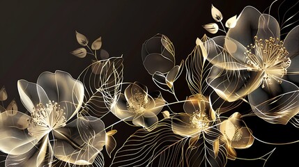 Golden Wild Flowers line art background. Luxury abstract art background with artificial flowers, Gold leaves, eucalyptus, and summer blooms. Botanical wedding wallpaper. Generative Ai