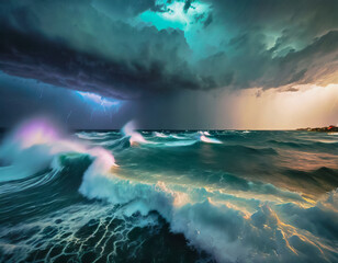 Obraz na płótnie Canvas Magnifique paysage marin, l'océan la nuit, durant une forte tempête, couleurs flashy, grosses vagues