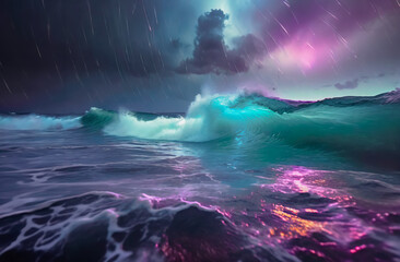 Magnifique paysage marin, l'océan la nuit, durant une forte tempête, couleurs flashy, grosses vagues