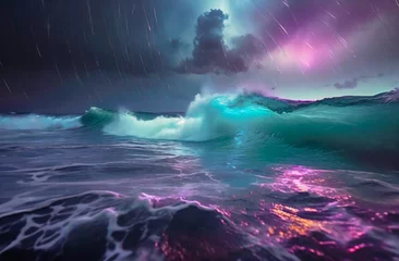 Poster Magnifique paysage marin, l'océan la nuit, durant une forte tempête, couleurs flashy, grosses vagues © remi