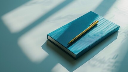 a book with a pen on top of it sitting on a table next to a shadow of a person's hand.