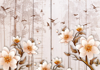 3d wallpaper - wooden texture background with beautiful flowers on branch .