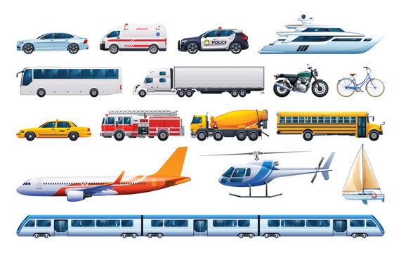 Set of city transportation vehicles. Collection of various kinds of vehicles. Vector cartoon illustration