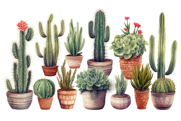 Set Of Cacti Plants isolated white background
