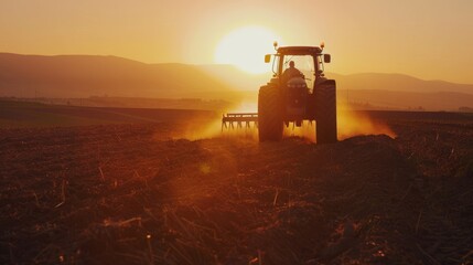 Fototapeta premium Agricultural workers with tractors. Ploughing a field with tractor at sunset