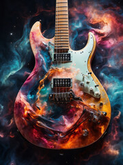 electric guitar with galaxy artwork background universe aura, music poster illustration