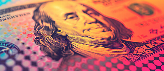 Close-up of Benjamin Franklin on Colorful US Hundred Dollar Bill - Transition to digital money concept - obrazy, fototapety, plakaty