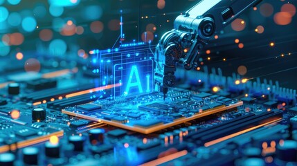 The advanced AI chip processed data quickly, instructing the robot arm to precisely maneuver with the intricate circuit design.