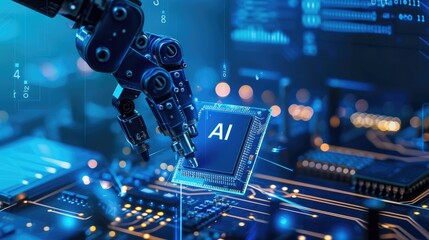 The advanced chip processor powers the AI robot arm with precision, navigating circuits seamlessly with unmatched efficiency.