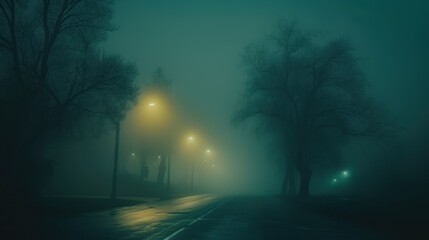 a foggy street at night with and road and trees other street.