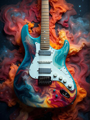 electric guitar with galaxy artwork background universe aura, music poster illustration