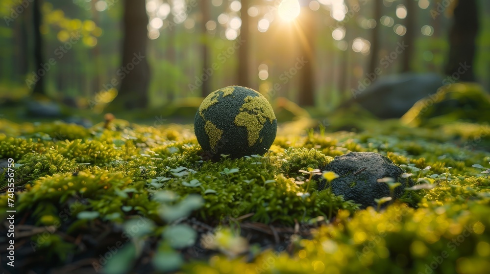 Poster in a forest with moss and abstract sunlight, a green globe stands out in the forest