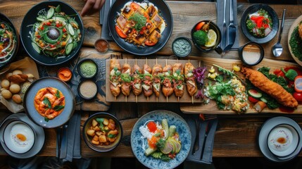 table topped with lots of plates and bowls filled with different types of food next to cutting board. - obrazy, fototapety, plakaty