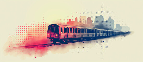 Vintage Subway Train in Transit with Urban Halftone Background