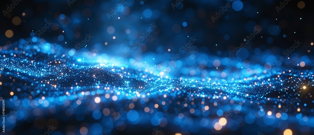Aufkleber on a bright blue background, abstract connected dots form a technology concept.