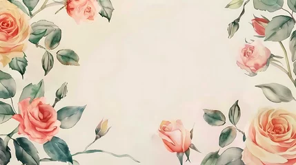 Fotobehang Handpainted watercolor border frame template mockup with blooming flowers roses and leaves. Generative Ai © mahaart