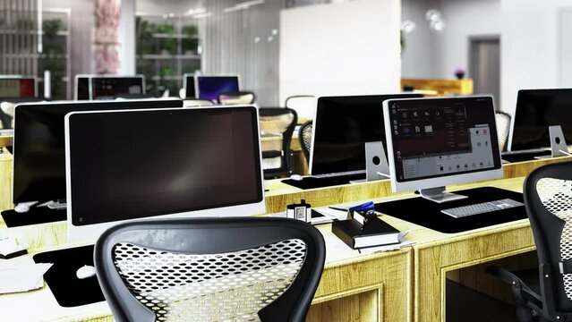 Office architecture with meeting area & computer worstations in modern, wood design  - loopable 3D Visualization
