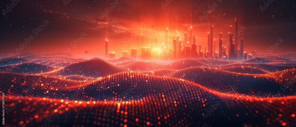 Aufkleber Stunning gradient line and wave line design concept , big data connection technology with smart city and abstract dots.