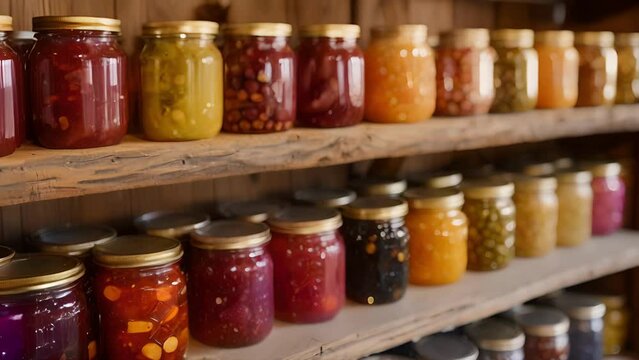 An oldfashioned pantry filled with neatly labeled jars of homemade jams jellies and pickles a result of a retirees dedication to preserving the flavors of summer.