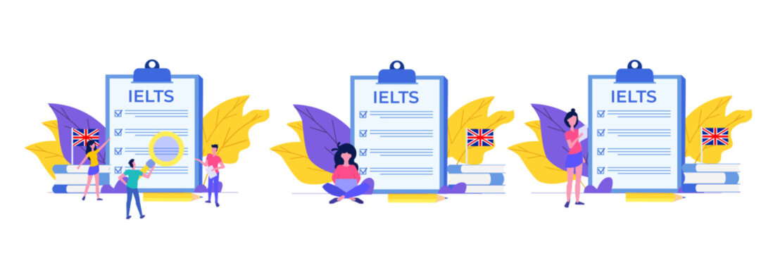English Proficiency Test and Exam. IELTS International English Language Testing System. Vector illustration set, collection.