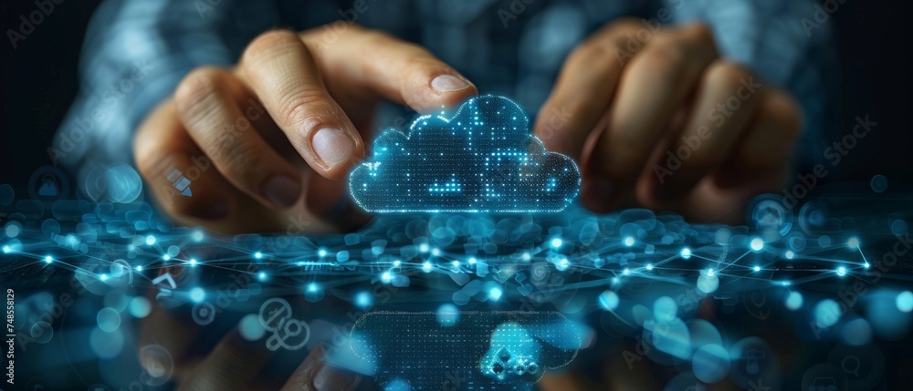 Poster Working with a Cloud Computing diagram as a concept on a new computer interface