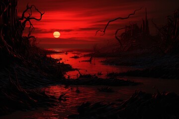 Breathtaking Red dawn sea. Dusk coast horizon. Generate Ai