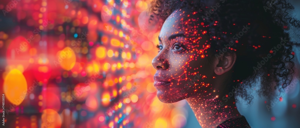 Poster A data scientist queries, analyzes, and visualizes complex sets on an interactive virtual screen. Neural networks, artificial intelligence, machine learning, analytics.