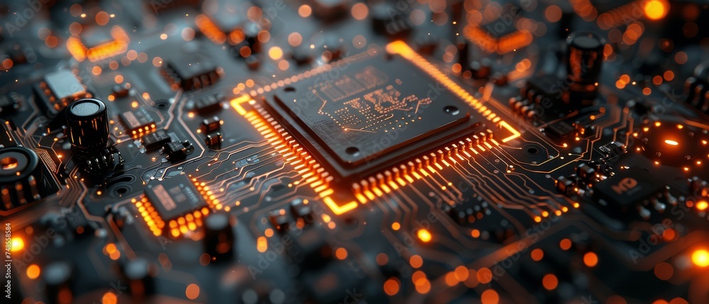 Aufkleber Visualization of advanced technologies: circuit boards and processors introducing artificial intelligence in neural networks and cloud computing.