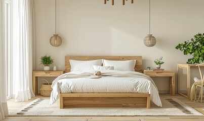 A cozy Scandinavian style bedroom with natural wood furniture