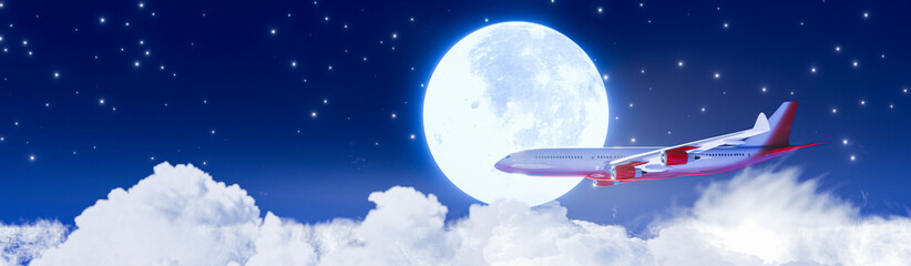 passenger plane Fly past the full moon Above the cumulus clouds. Air travel. On a clear night, the sky There are stars all over the sky and a big moon. 3D Rendering.