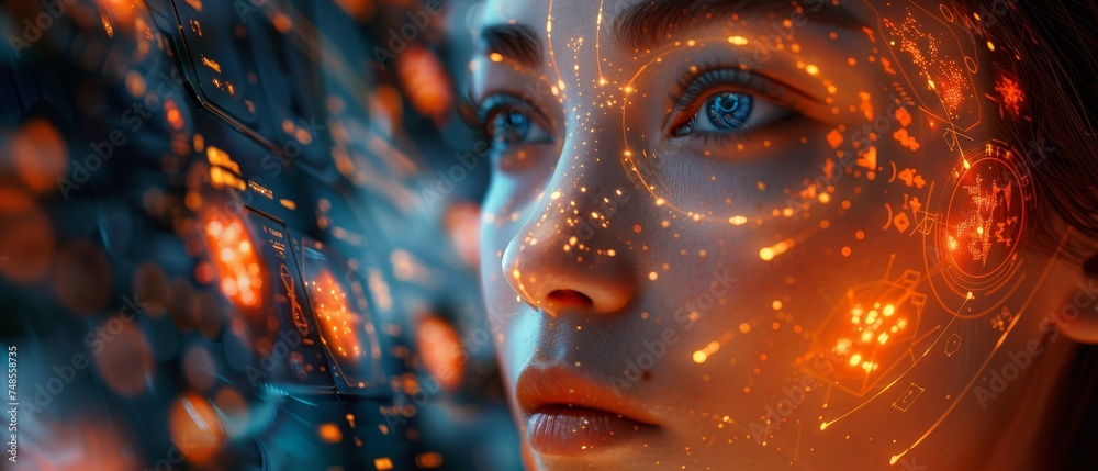 Poster Multiethnic Computer Engineer Working on Neural Network/ Artificial Intelligence Project. Multiple screens are showing 3D visualizations in office.
